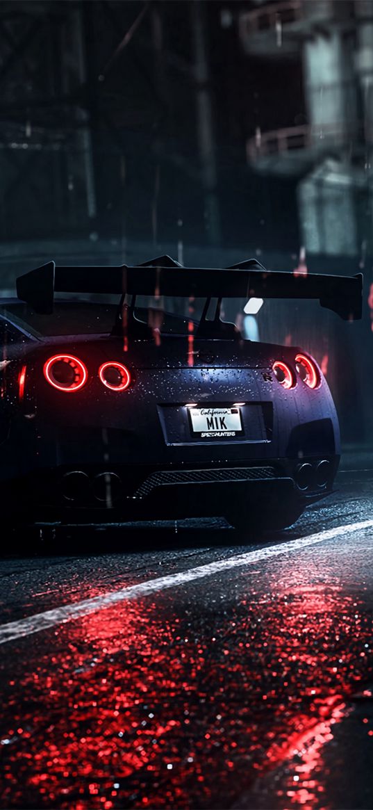 nissan gt-r, nissan, sportscar, supercar, night, asphalt, wet, rain, backlight