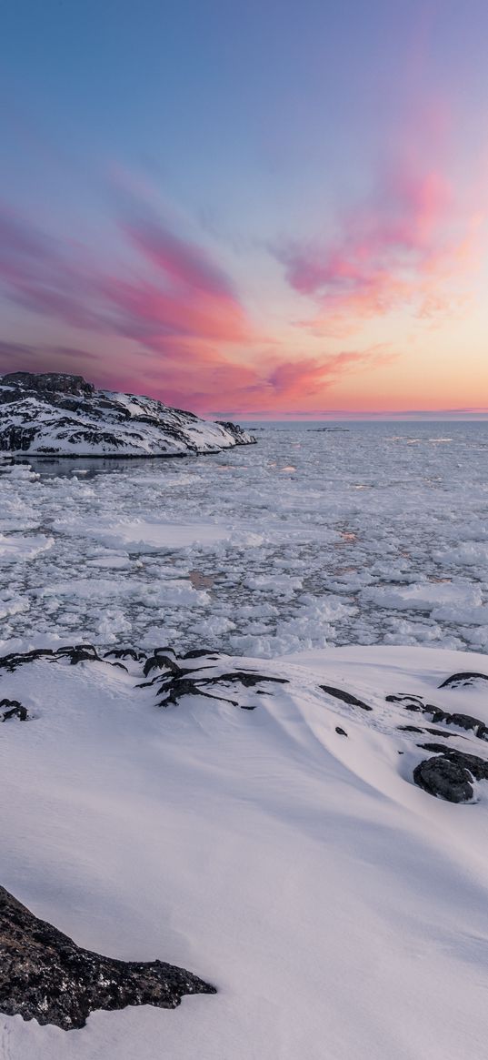 landscape, ice, snow, frozen, coast, rocks, ocean, north