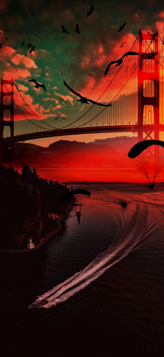 river, bridge, sunset, parachutists, birds, boats