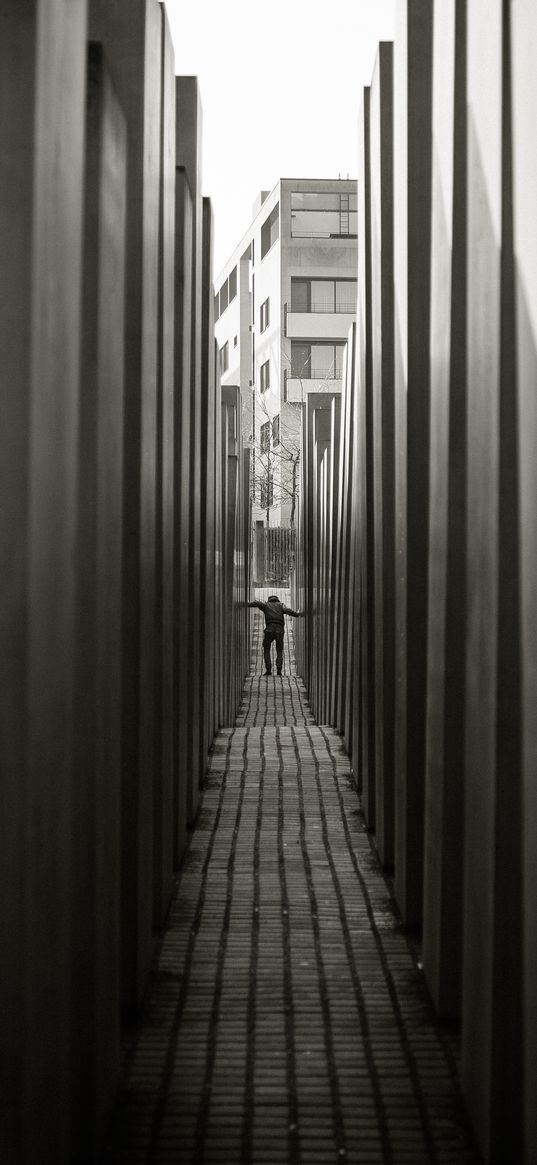 lane, silhouette, bw, narrow, walls, long