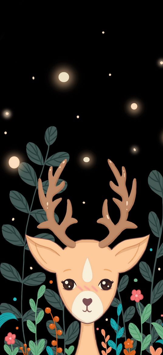 deer, art, cute, stars, flowers, leaves