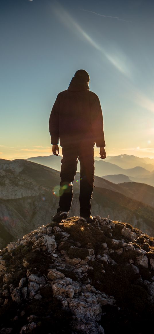 silhouette, mountains, sunlight, peaks, dawn, glare