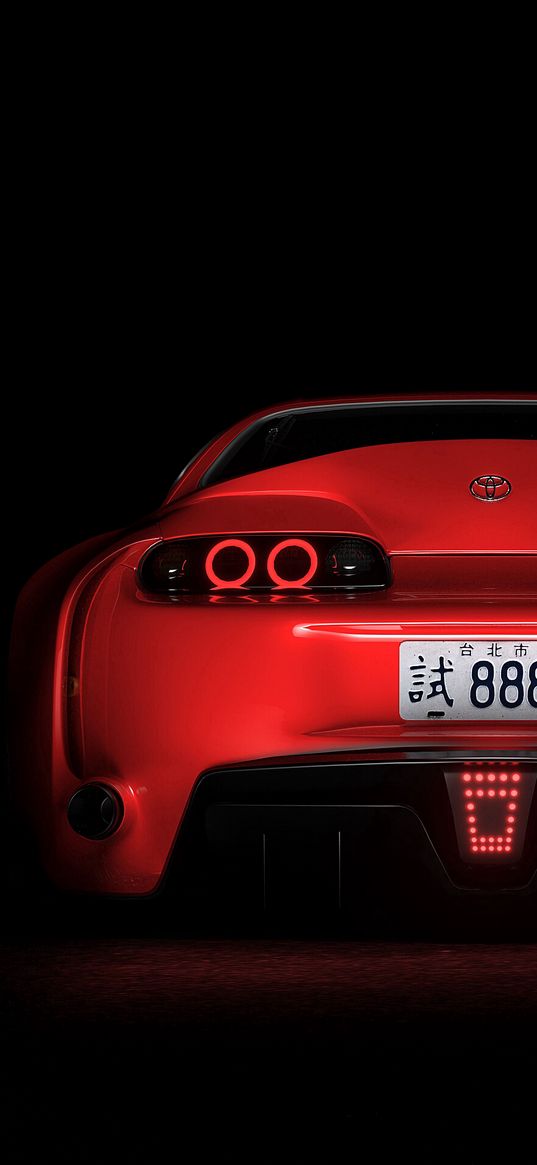 toyota supra, toyota, sportscar, red, rear view, dark, backlight