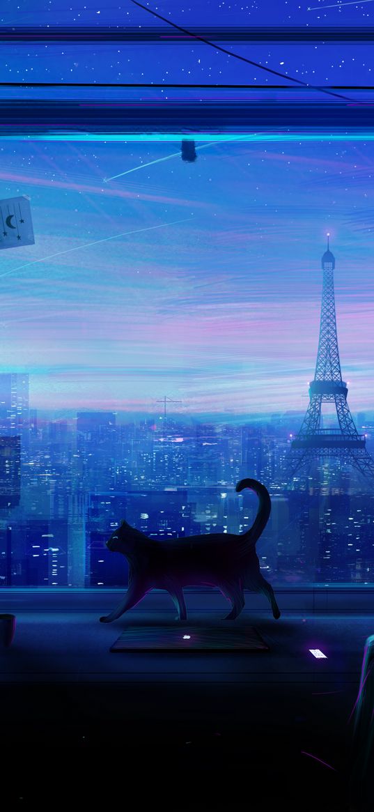 cat, art, window, city, view