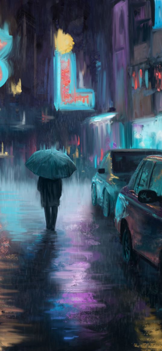 night city, rain, art, painting, silhouette, street, cars