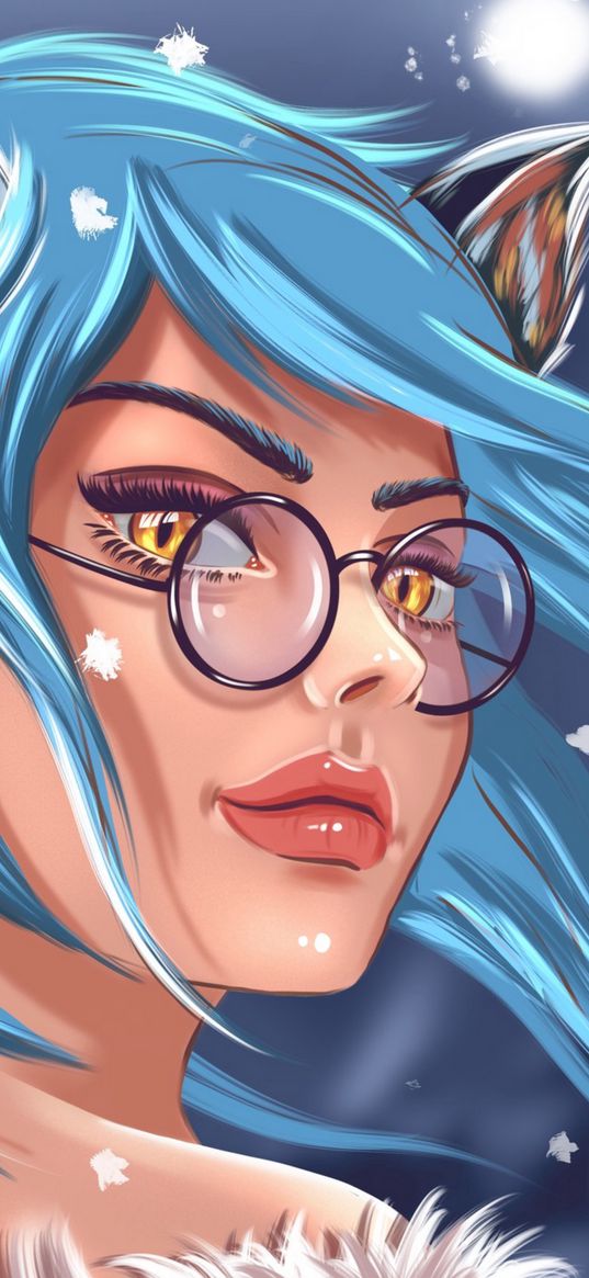 girl, art, face, glasses, glance, hair, blue