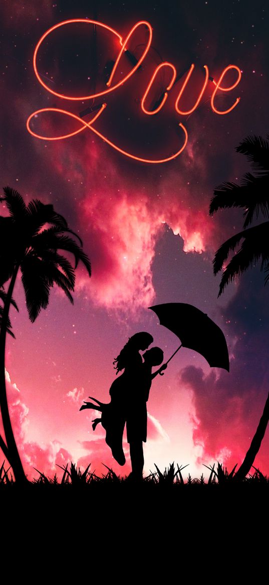 silhouettes, couple, love, romance, hugs, palm trees, dark