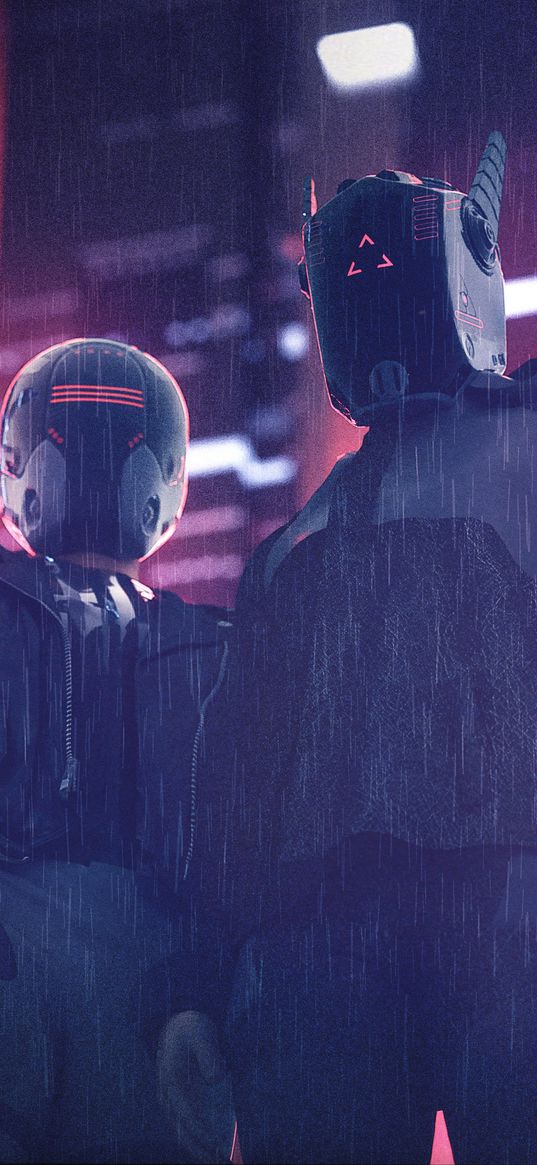 helmets, masks, cyberpunk, night, rain, lights