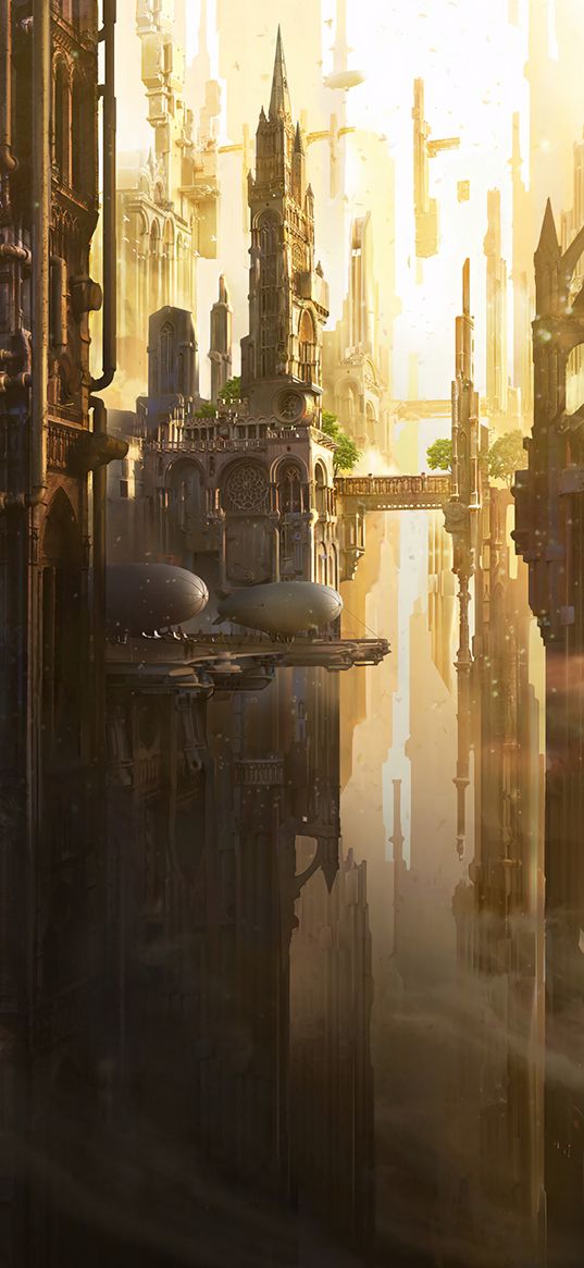 city, fantasy, art, architecture, buildings, airships