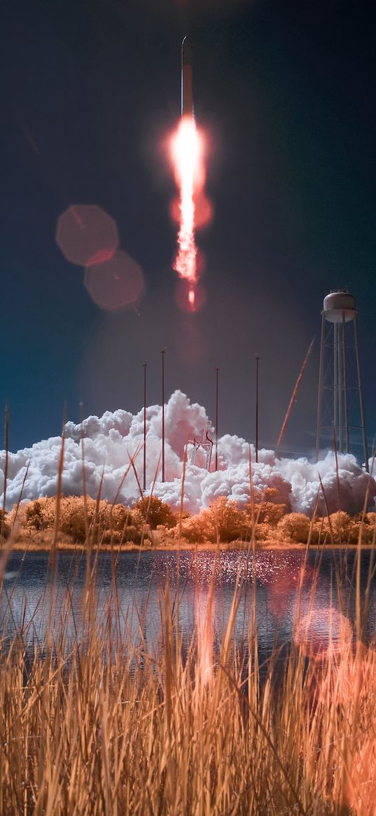 rocket, launch site, launch, takeoff, smoke, fire