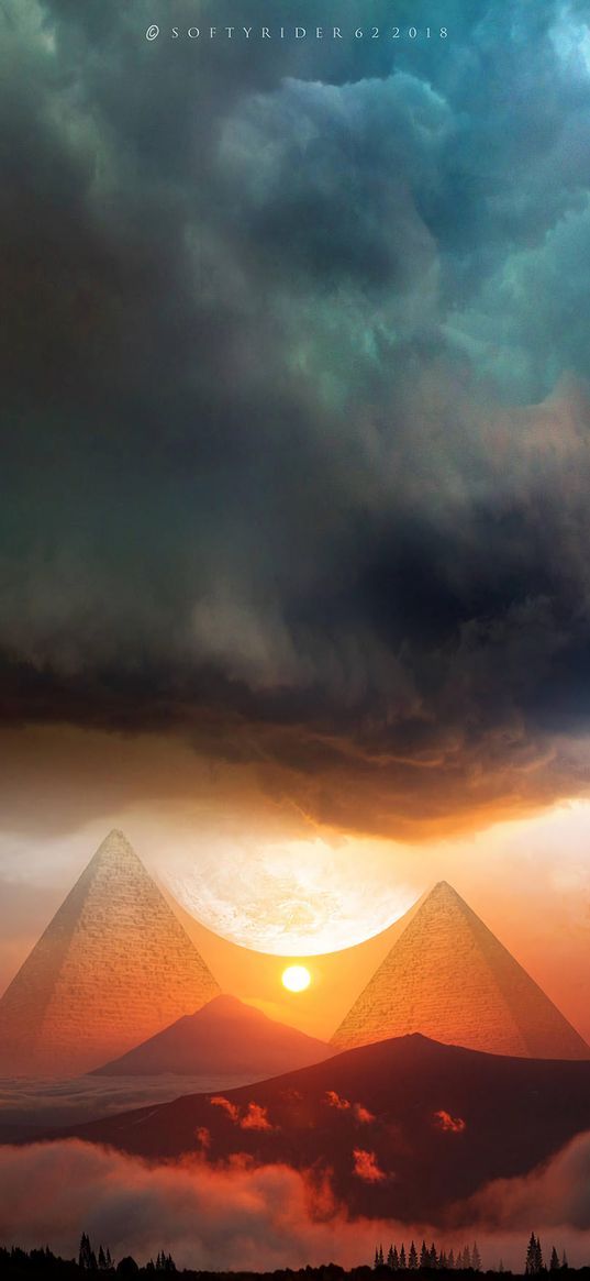 pyramids, sunset, landscape, hills, clouds, travel