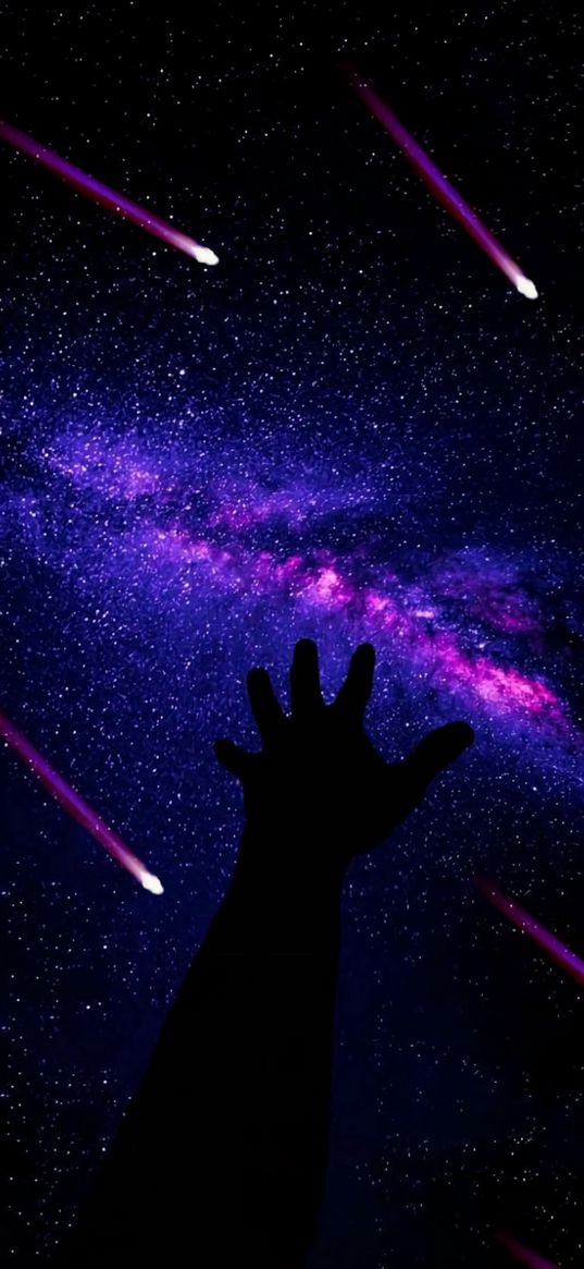 hand, starry sky, dark, meteorites, space