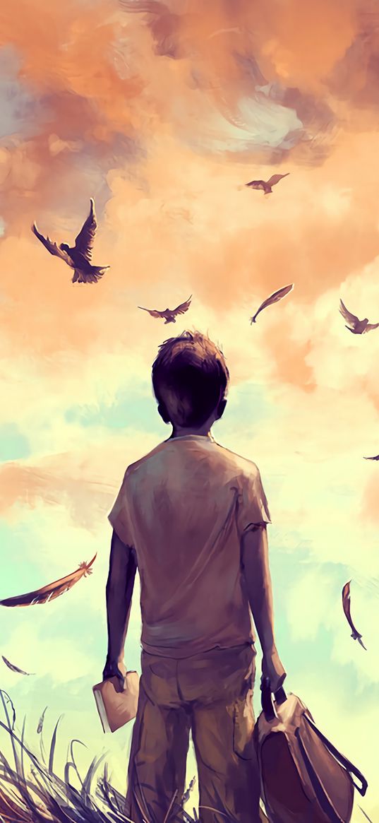 boy, birds, art, book, backpack, feathers, freedom