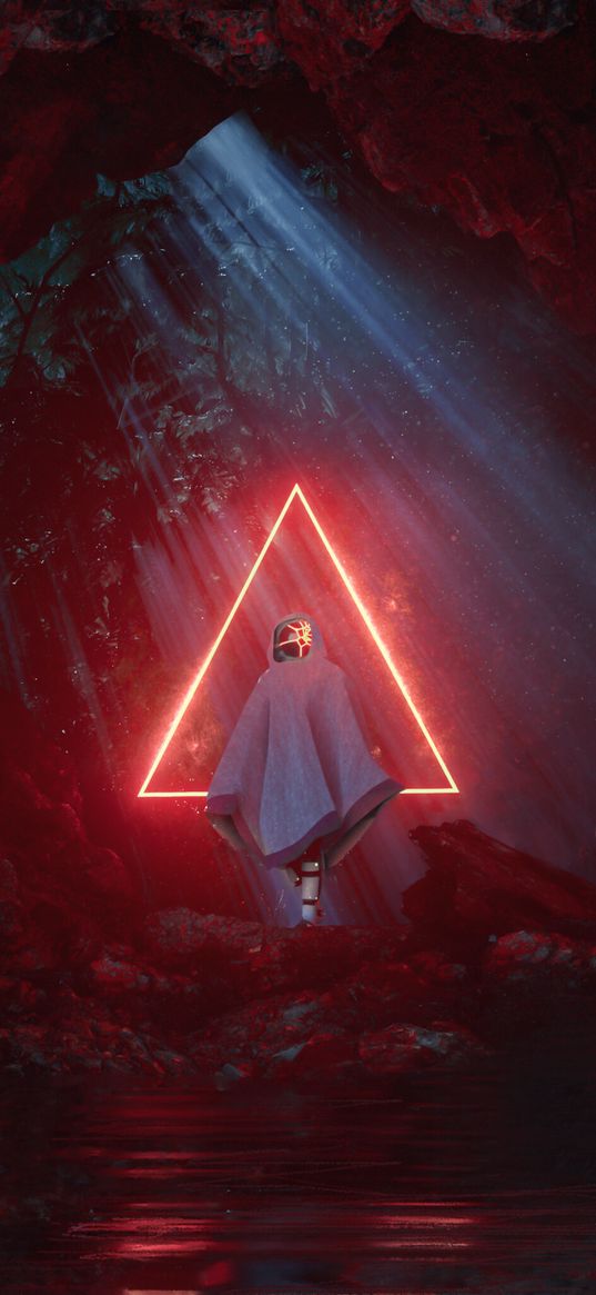 ghost, triangle, glow, red, cave, light