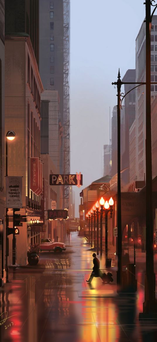 city, street, art, buildings, signs, lights