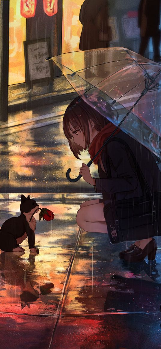 girl, kitten, flower, anime, street, rain