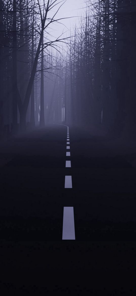 road, forest, fog, mist, trees, dark