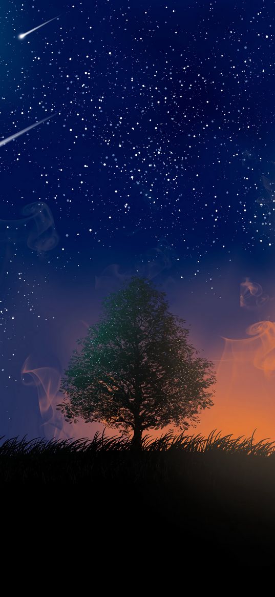 tree, night, stars, art, smoke, meteors