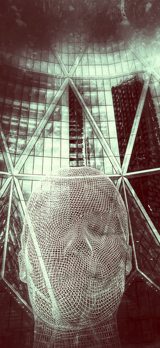 face, sculpture, grid, metallic, structure, modern art