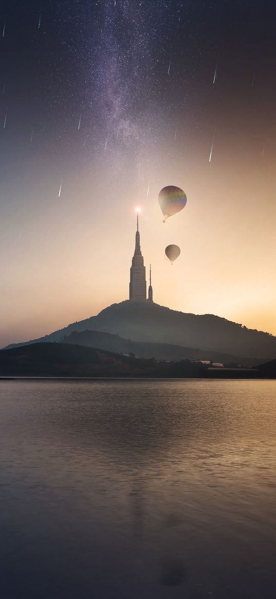 tower, hill, lake, air balloons, starry sky, meteors