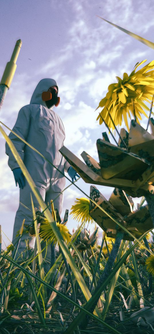 man, flowers, respirator, mask, protective suit, 3d