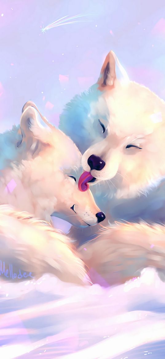 wolves, tenderness, care, art, white, tongue