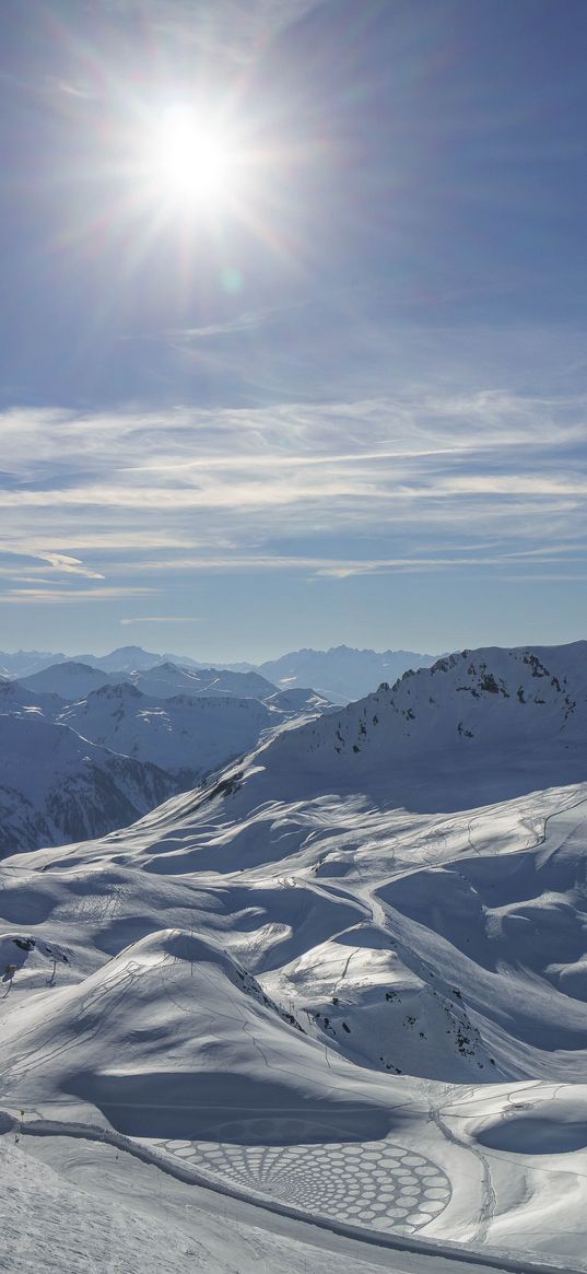 mountains, snow, landscape, sun, paths, ski