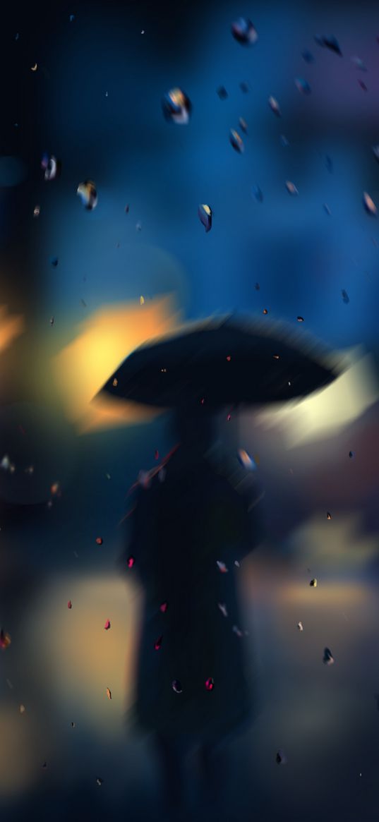 silhouette, rain, blur, drops, bokeh, lights