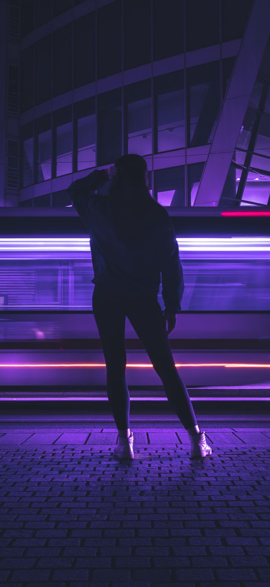 silhouette, figure, neon, light, purple, dark