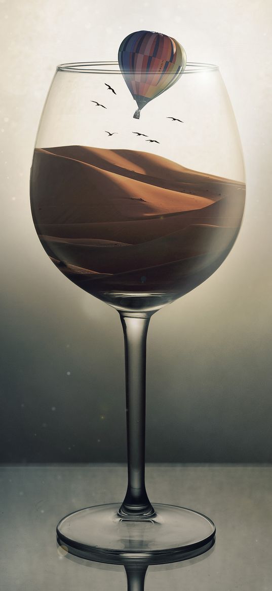 glass, desert, air balloon, illusion, sand, birds