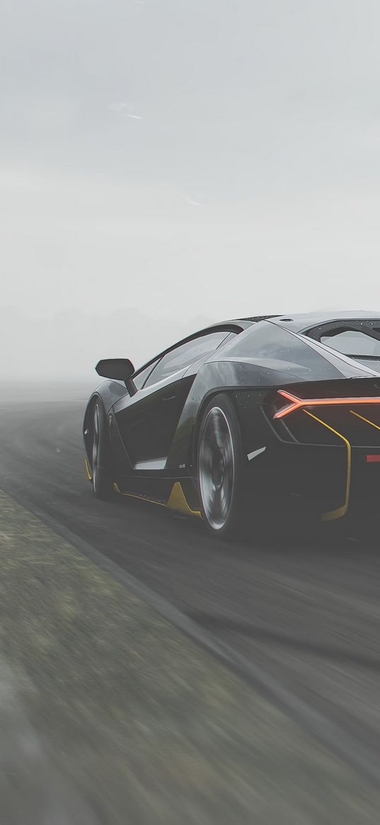 lamborghini centenario, lamborghini, sportscar, black, rear view, track, fog