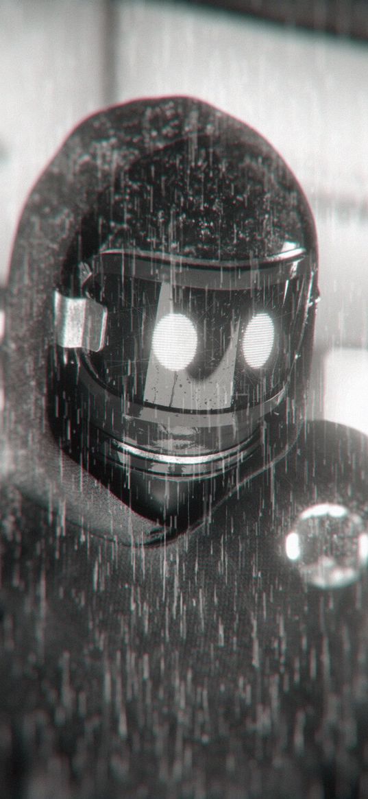 robot, cyborg, rain, bw, mask, sci-fi