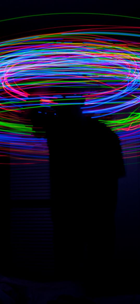 lines, multicolored, light, motion, long exposure, dark