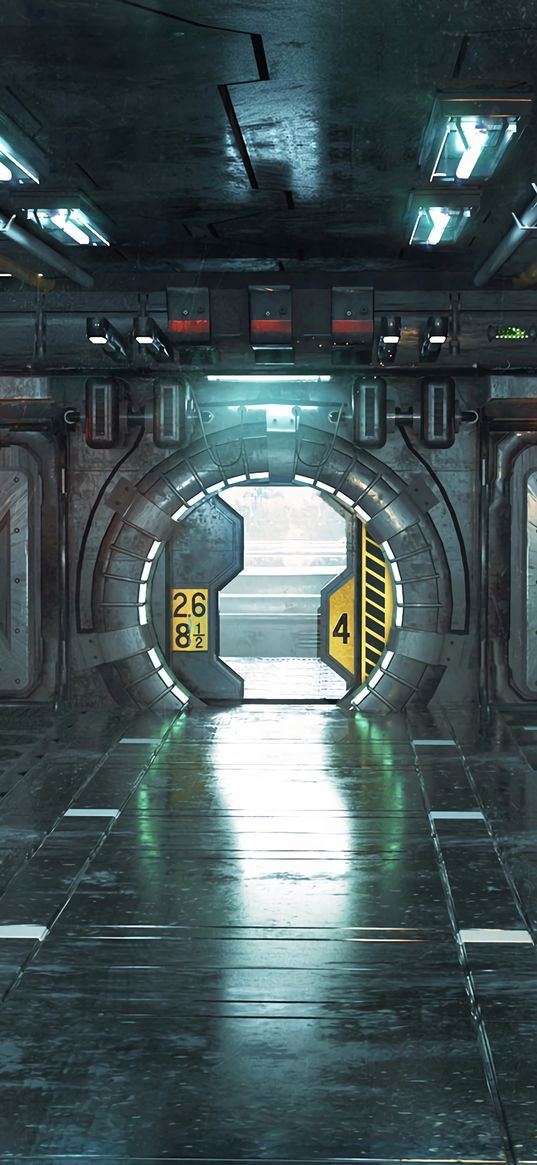 corridor, door, sci-fi, art