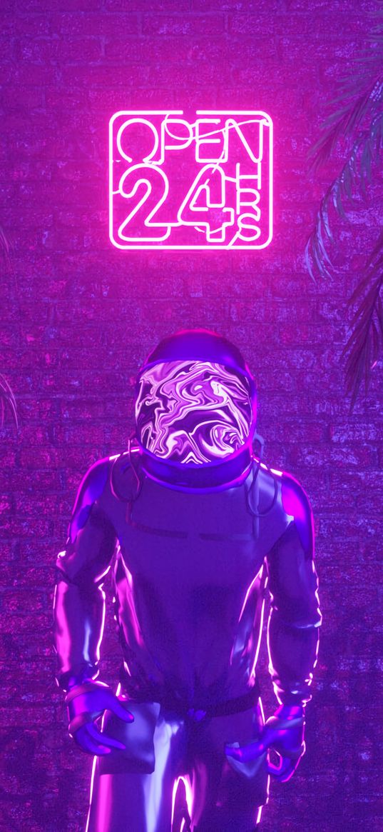 astronaut, neon, signboard, wall, palm, light