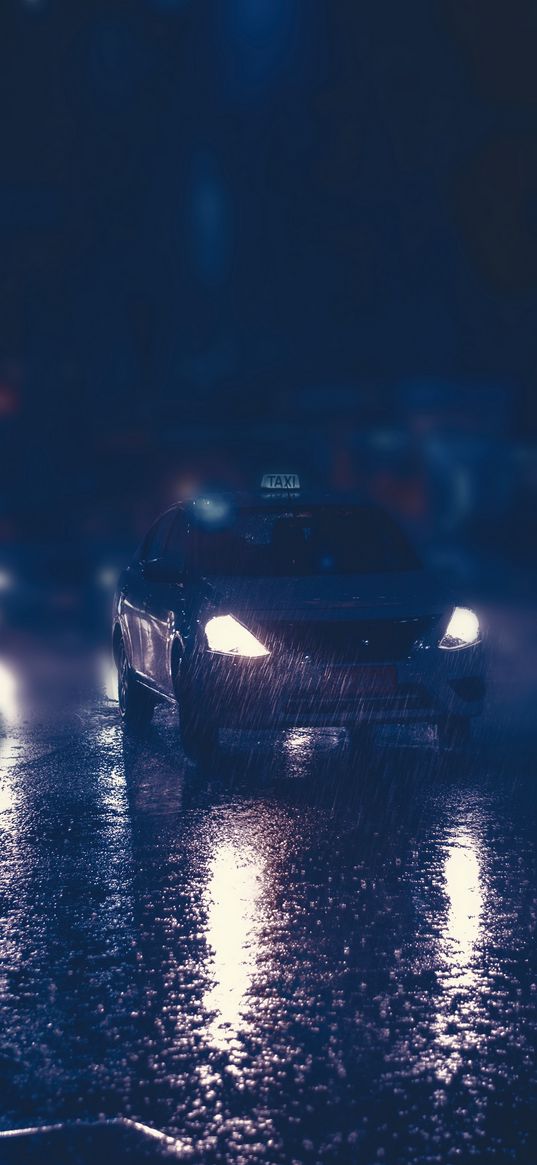 taxi, car, night, rain, lights, street