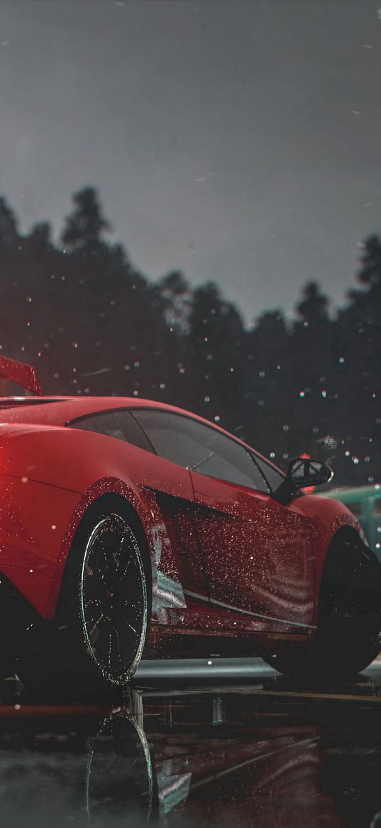 car, red, sports car, side view, lights, wet