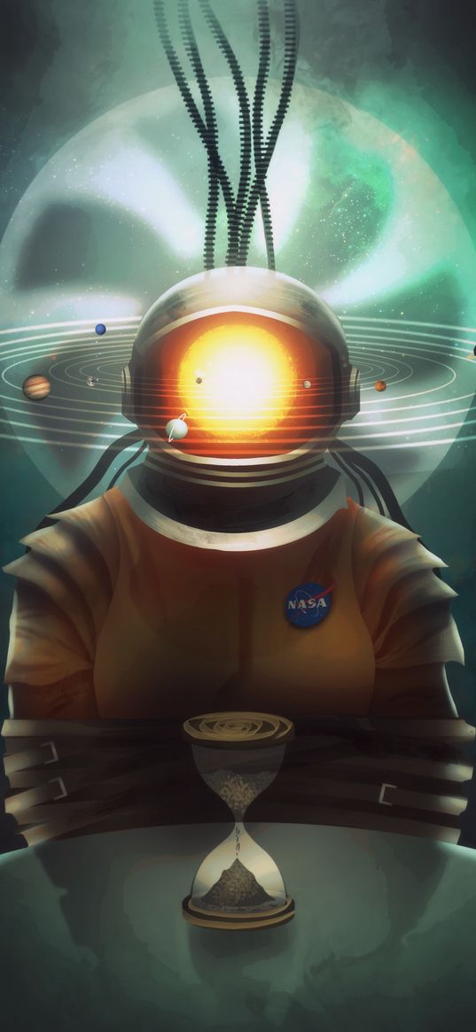 cosmonaut, space, art, solar system, hourglass, surrealism