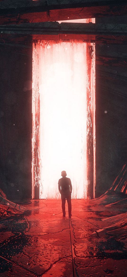 silhouette, glow, portal, light, red