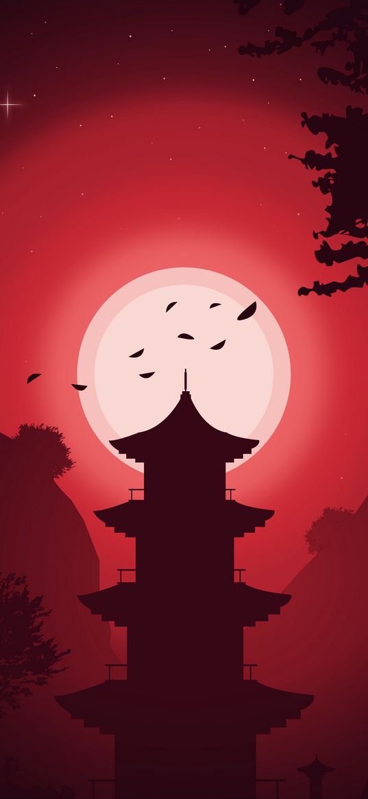 building, moon, night, vector, art, red