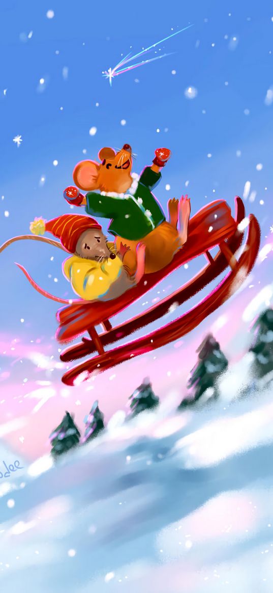 mouses, snow, sled, winter