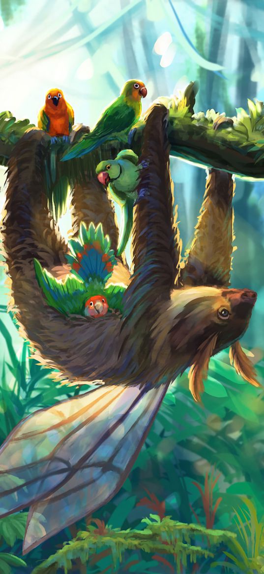 sloth, parrots, jungle, art, branch, birds