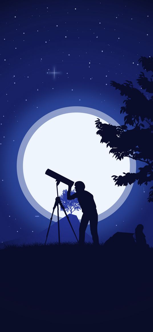 silhouette, telescope, night, stars, art, vector