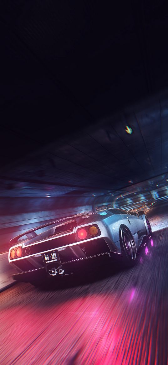 car, sportscar, tunnel, light, speed