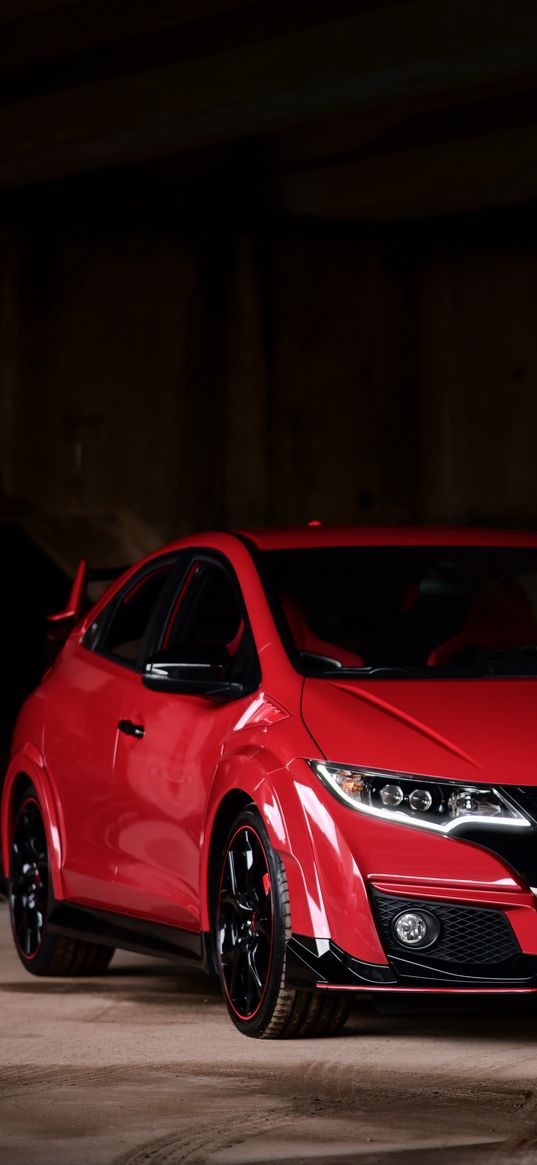 honda fk2, honda, car, red, front view, parking, dark