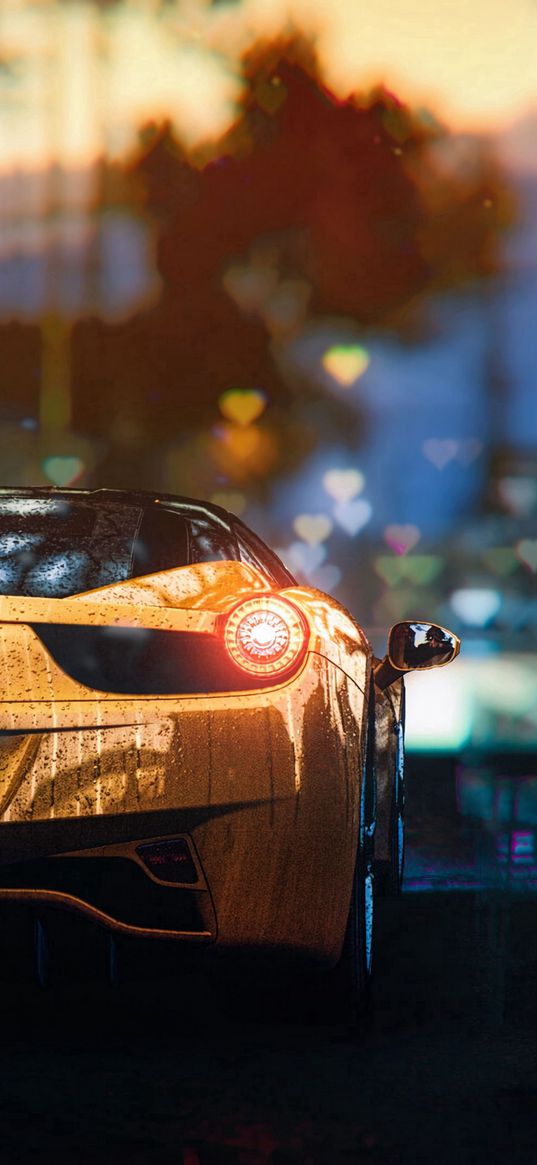 porsche, sportscar, yellow, rear view, light, wet