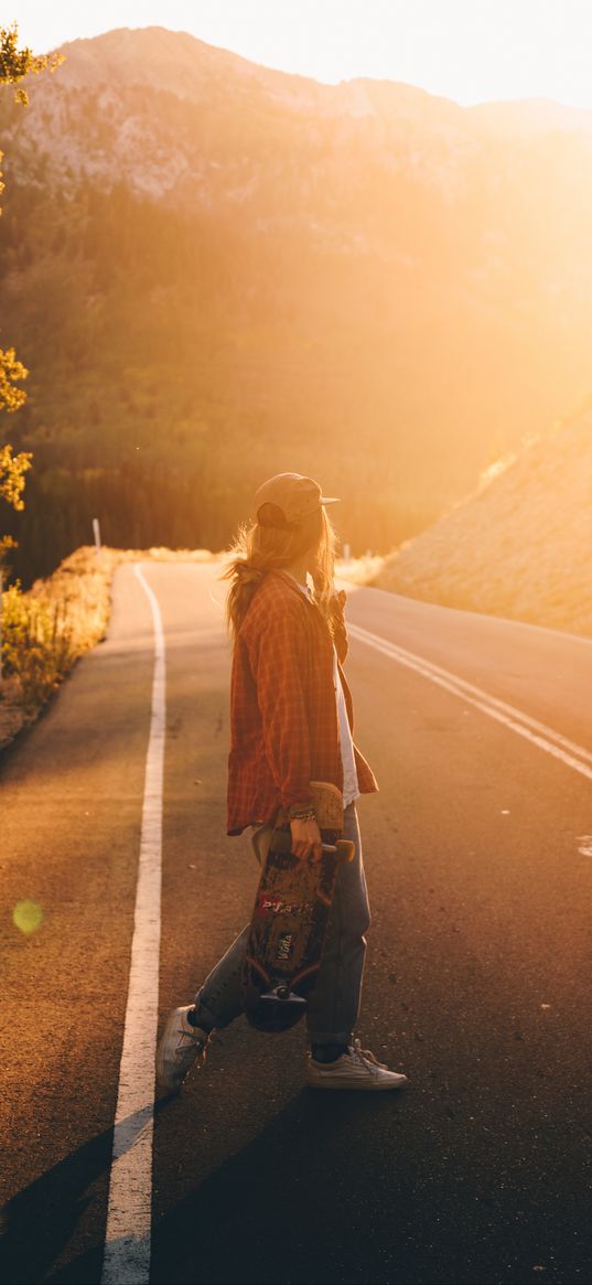 girl, skateboard, road, sunlight, dawn