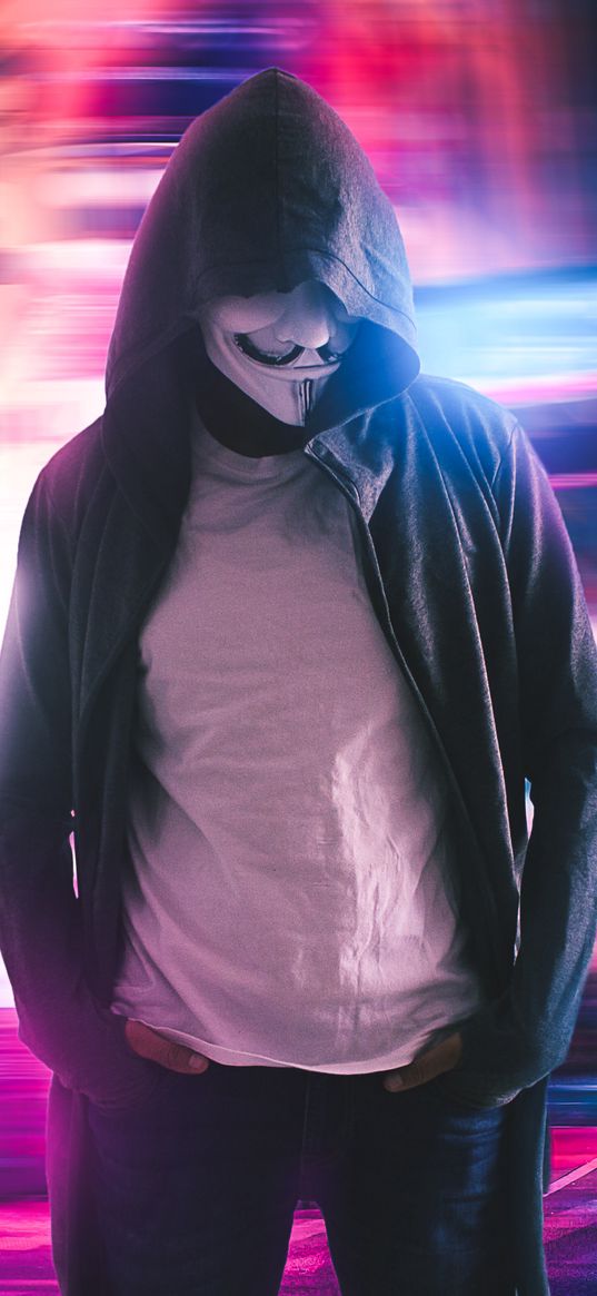 anonymous, mask, hood, neon, blur, long exposure