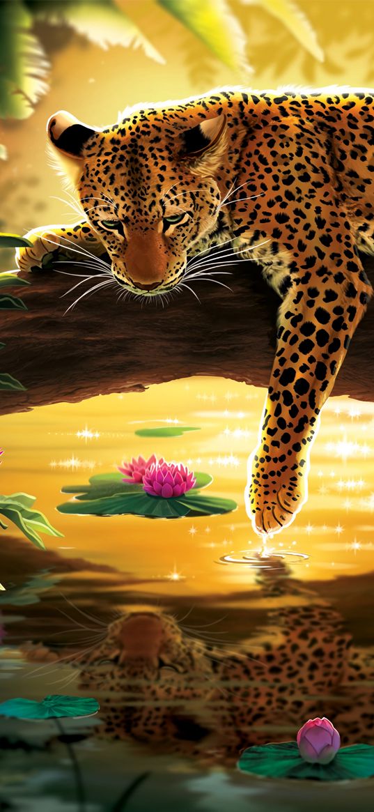 leopard, water, art, tree, water lilies