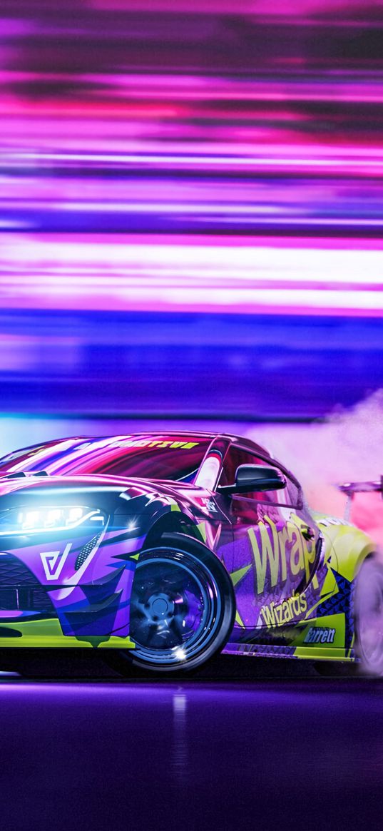 sportscar, drift, neon, smoke, speed